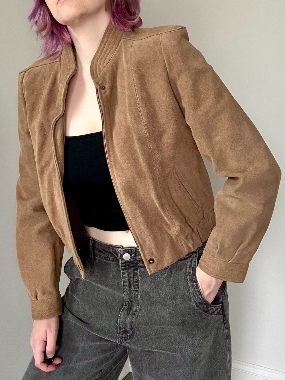 Vintage 1980s Winlit Tan Stiff Suede Leather Bomber Jacket